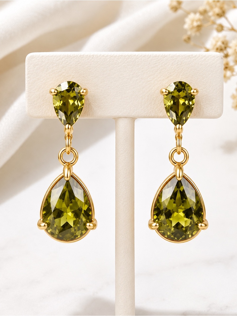 18K Gold Plated Green Teardrop Dangle Earrings CZ Stainless Steel NWT